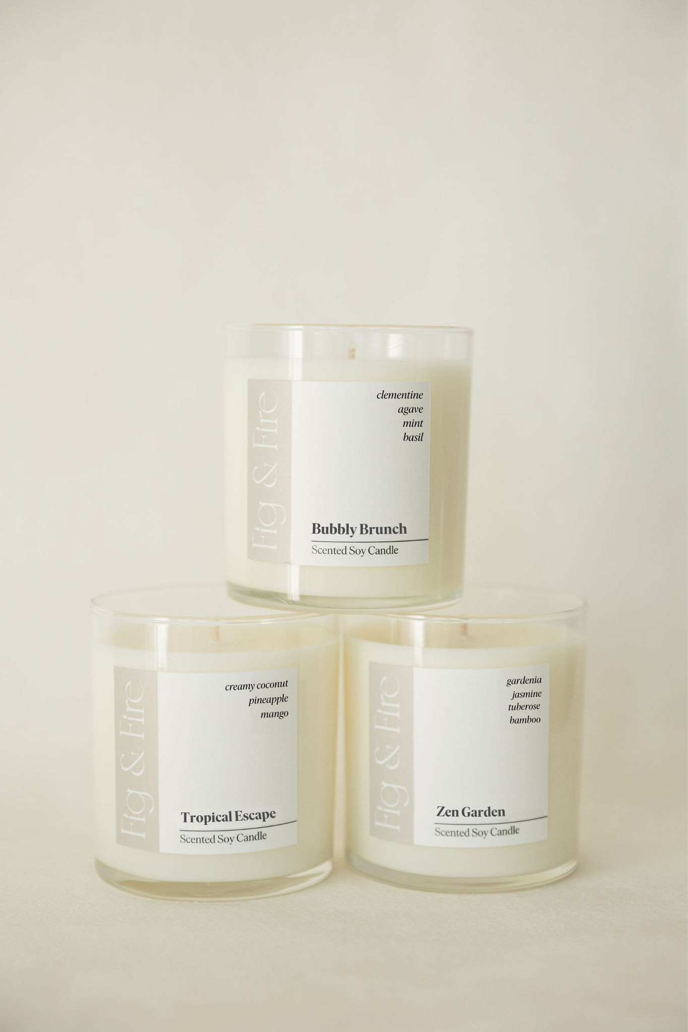 The entire summer collection is featured - Bubbly Brunch, Tropical Escape, and Zen Garden - the vessels are clear glass tumblers - all-natural, vegan, soy candles made with essential oils