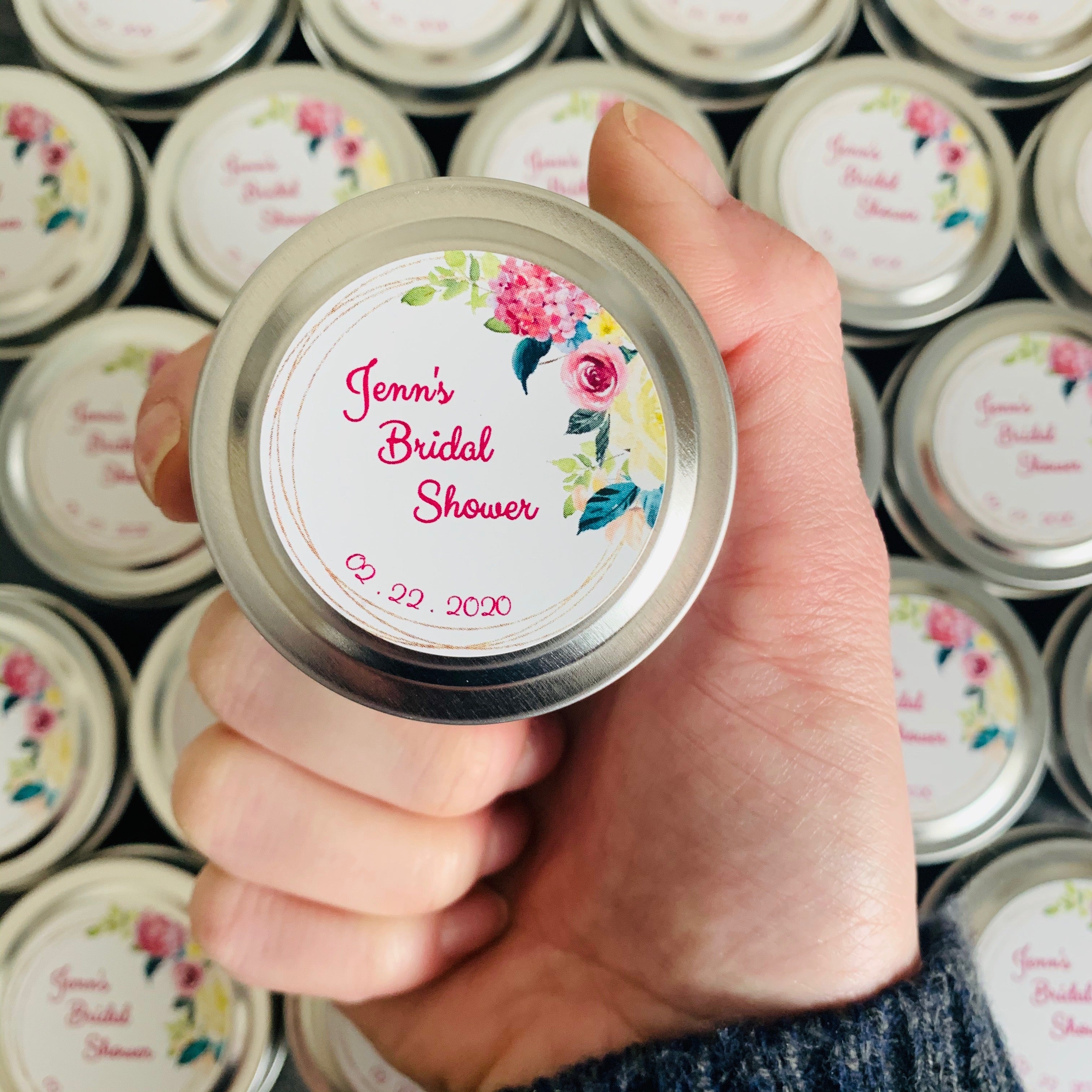 Floral image of tin candle favor, customizable design and text - pick any scent - candles are non-toxic, all-natural, made with essential oils, and wonderfully fragrant - perfect bridal shower favor, baby shower favor, wedding favor, birthday favor, thank you gift favor, bar mitzvah favor, bat mitzvah favor, and more!