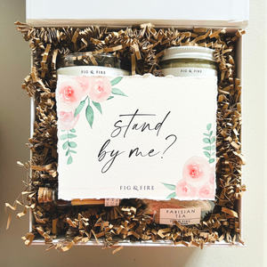 A gift box with the "stand by me?" watercolor card with pink florals. Wedding box, bridesmaid box, bridesmaid proposal box.