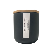 Load image into Gallery viewer, Handcrafted fall candle - scent is Basically Fall - smells of pumpkin, cinnamon, nutmeg, clove - all natural soy candle - vegan, non-toxic, made with essential oils - container is a charcoal ceramic tumbler with light brown wooden lid from bamboo