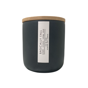 Handcrafted fall candle - scent is Basically Fall - smells of pumpkin, cinnamon, nutmeg, clove - all natural soy candle - vegan, non-toxic, made with essential oils - container is a charcoal ceramic tumbler with light brown wooden lid from bamboo