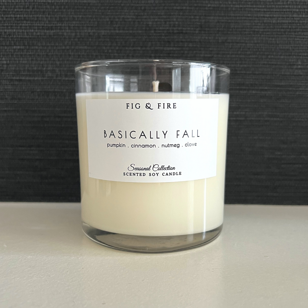 Handcrafted fall candle - scent is Basically Fall - smells of pumpkin, cinnamon, nutmeg, clove - all natural soy candle - vegan, non-toxic, made with essential oils - container is a clear glass tumbler