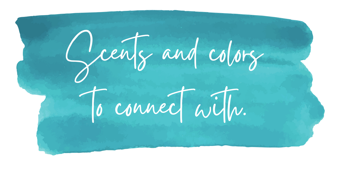 Blue turquoise watercolor with text that says: Scents and colors to connect with. A personalized experience created with clean candles and wax melts, non-toxic candles and and wax melts, and color-tip colorful matches.