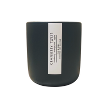 Load image into Gallery viewer, Handcrafted fall candle - scent is Cranberry Twist - smells of cranberry, orange peel, and apple - all natural soy candle - vegan, non-toxic, made with essential oils - container is a charcoal ceramic tumbler