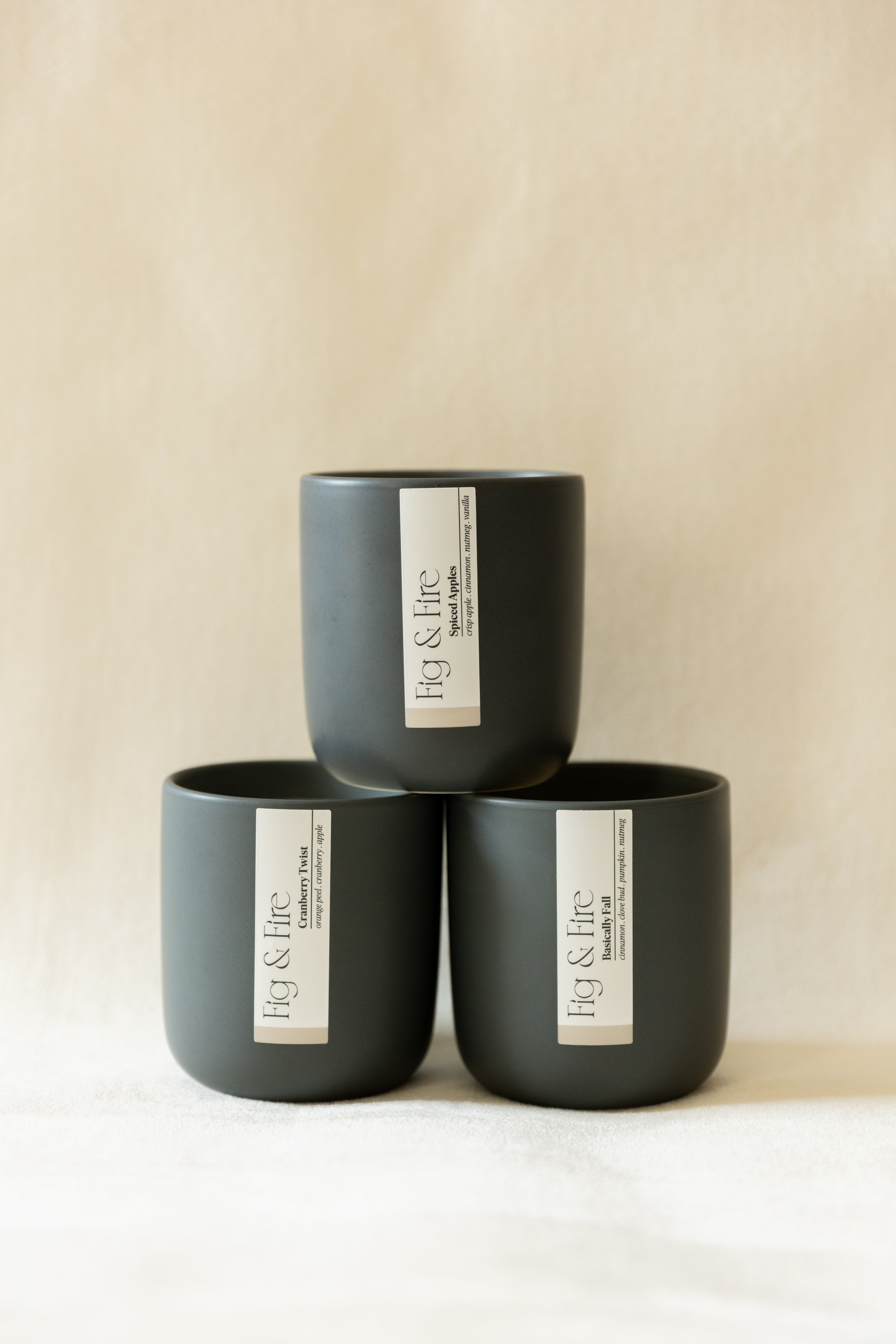 The entire fall collection is featured - Basically Fall, Cranberry Twist, and Spiced Apples - the vessels are charcoal ceramic tumblers - all-natural, vegan, soy candles made with essential oils