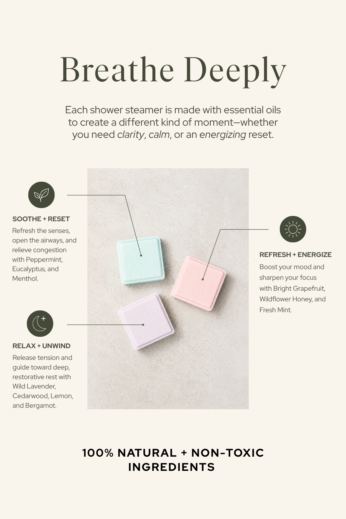 Three shower steamers made with essential oils on a neutral background, featuring text about their uses and ingredients. Breathe Deeply. Each shower steamer is made with essential oils to create a different kind of moment—whether you need clarity, calm, or an energizing reset.