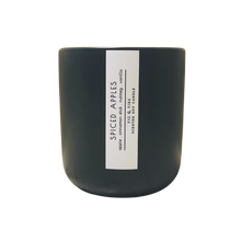 Load image into Gallery viewer, Handcrafted fall candle - scent is Spiced Apples - smells of apple, cinnamon stick, nutmeg, and vanilla - all natural soy candle - vegan, non-toxic, made with essential oils - container is a charcoal ceramic tumbler