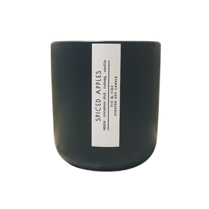 Handcrafted fall candle - scent is Spiced Apples - smells of apple, cinnamon stick, nutmeg, and vanilla - all natural soy candle - vegan, non-toxic, made with essential oils - container is a charcoal ceramic tumbler