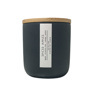 Handcrafted fall candle - scent is Spiced Apples - smells of apple, cinnamon stick, nutmeg, and vanilla - all natural soy candle - vegan, non-toxic, made with essential oils - container is a charcoal ceramic tumbler with light brown wooden lid from bamboo