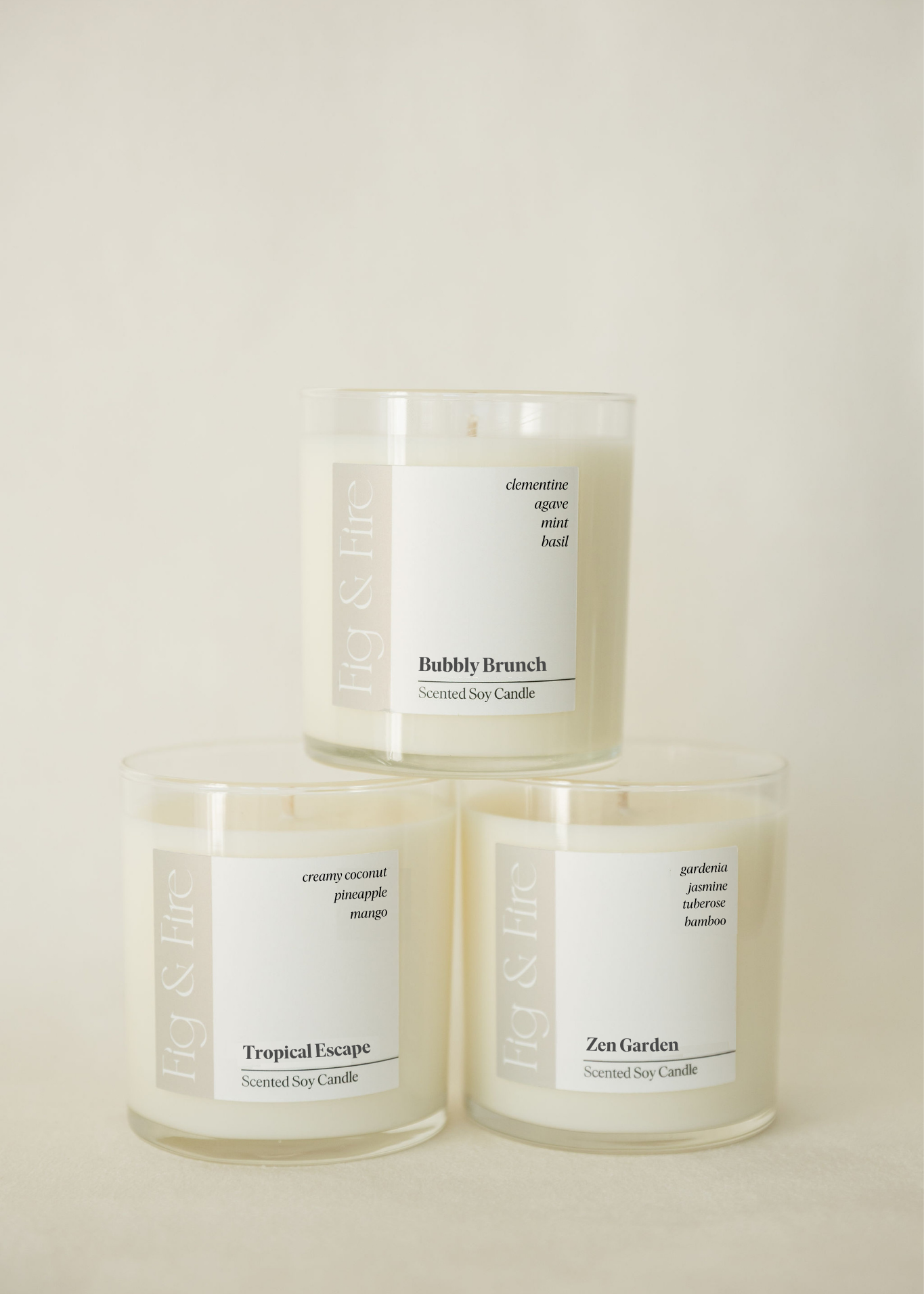 The entire summer collection is featured - Bubbly Brunch, Tropical Escape, and Zen Garden - the vessels are clear glass tumblers - all-natural, vegan, soy candles made with essential oils