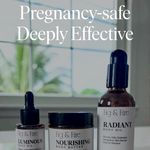 The vegan skincare line is pictured: Luminous Face Oil, Nourishing Body Butter, and Radiant Body Oil. Text overlay says: non-toxic, pregnancy-safe, deeply effective. Gently by design in text below.