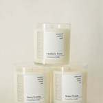 The entire winter collection is featured - Cranberry Twist, Snowy Evening, and Winter Woods - the vessels are clear glass tumblers - all-natural, vegan, soy candles made with essential oils