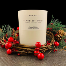 Load image into Gallery viewer, Handcrafted fall candle - scent is Cranberry Twist - smells of cranberry, orange peel, and apple - all natural soy candle - vegan, non-toxic, made with essential oils - container is a white glass tumbler