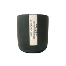 Load image into Gallery viewer, Handcrafted winter candle - scent is frosted orchard - smells of apples, cinnamon, vanilla, maple - all natural soy candle - vegan, non-toxic, made with essential oils, seasonal collection - container is a charcoal ceramic tumbler