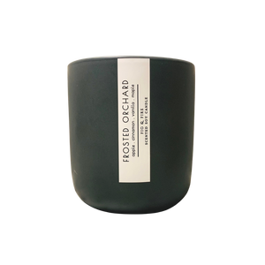 Handcrafted winter candle - scent is frosted orchard - smells of apples, cinnamon, vanilla, maple - all natural soy candle - vegan, non-toxic, made with essential oils, seasonal collection - container is a charcoal ceramic tumbler