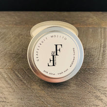 Load image into Gallery viewer, Handcrafted candle - scent is Grapefruit Mojito - smells of pink citrus, fresh mint, and wildflower honey - all natural soy candle - vegan, non-toxic, made with essential oils - container is a silver tin