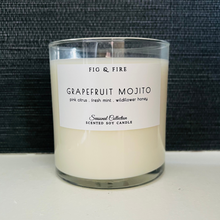 Load image into Gallery viewer, Handcrafted candle - scent is Grapefruit Mojito - smells of pink citrus, fresh mint, and wildflower honey - all natural soy candle - vegan, non-toxic, made with essential oils - container is a clear glass tumbler