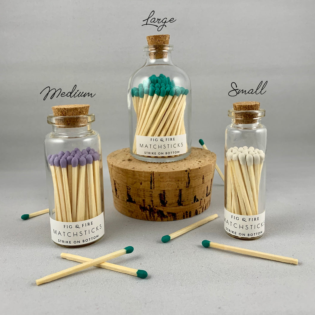 Color-tip matches in corked glass bottles - there are sixteen different colors to choose from, mix and match your favorite colors - Color-tip matches come in corked glass bottles in size small, medium, and large - 30, 55, and 100 matches, respectively