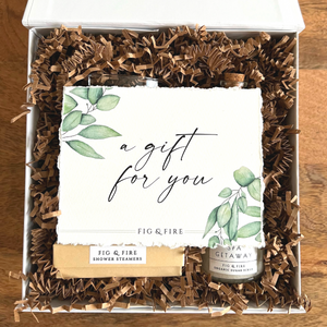 A petite gift box with the "a gift for you" watercolor card with green leaves.