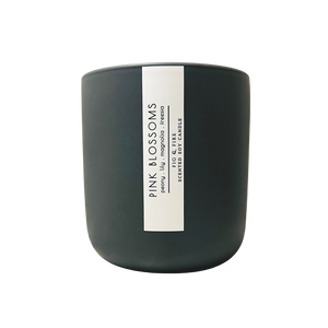 Handcrafted candle - scent is Pink Blossoms - smells of peony, lily, magnolia, and freesia - all natural soy candle - vegan, non-toxic, made with essential oils - container is a charcoal ceramic tumbler
