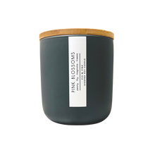 Load image into Gallery viewer, Handcrafted candle - scent is Pink Blossoms - smells of peony, lily, magnolia, and freesia - all natural soy candle - vegan, non-toxic, made with essential oils - container is a charcoal ceramic tumbler with a bamboo wooden lid
