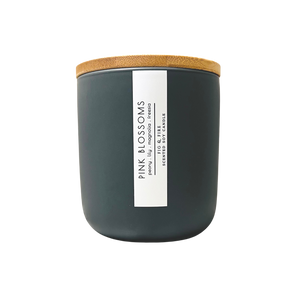Handcrafted candle - scent is Pink Blossoms - smells of peony, lily, magnolia, and freesia - all natural soy candle - vegan, non-toxic, made with essential oils - container is a charcoal ceramic tumbler with a bamboo wooden lid