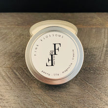 Load image into Gallery viewer, Handcrafted candle - scent is Pink Blossoms - smells of peony, lily, magnolia, and freesia - all natural soy candle - vegan, non-toxic, made with essential oils - container is a silver tin
