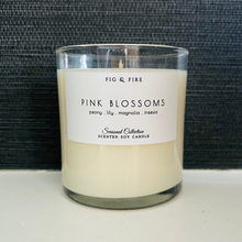 Load image into Gallery viewer, Handcrafted candle - scent is Pink Blossoms - smells of peony, lily, magnolia, and freesia - all natural soy candle - vegan, non-toxic, made with essential oils - container is a clear glass tumbler