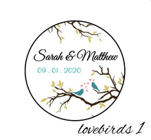 Load image into Gallery viewer, Woods and lovebirds image of tin candle favor, customizable design and text - pick any scent - candles are non-toxic, all-natural, made with essential oils, and wonderfully fragrant - perfect bridal shower favor, baby shower favor, wedding favor, birthday favor, thank you gift favor, bar mitzvah favor, bat mitzvah favor, and more!