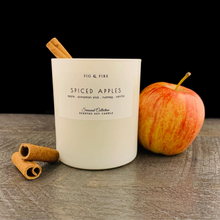 Load image into Gallery viewer, Handcrafted fall candle - scent is Spiced Apples - smells of apple, cinnamon stick, nutmeg, and vanilla - all natural soy candle - vegan, non-toxic, made with essential oils - container is a white glass tumbler