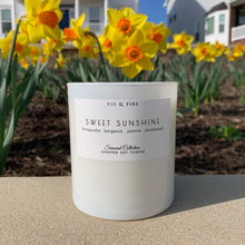 Load image into Gallery viewer, Handcrafted candle - scent is Sweet Sunshine - smells of honeysuckle, bergamot, jasmine, and sandalwood - all natural soy candle - vegan, non-toxic, made with essential oils - container is a white glass tumbler