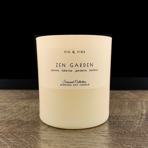 Handcrafted candle - summer seasonal collection - scent is Zen Garden - smells of jasmine, tuberose, gardenia, and bamboo - all natural soy candle - vegan, non-toxic, made with essential oils - container is a white tumbler